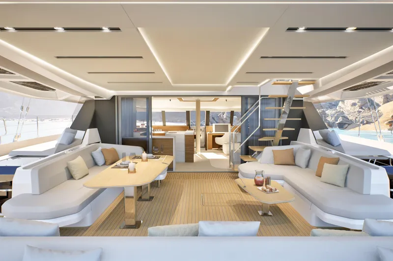 Hull #2 Fpy 70 - Coming End 2026 Yacht Photos Pics Luxurious interior of 2027 Fountaine Pajot FPY 70 yacht with modern seating and elegant decor.