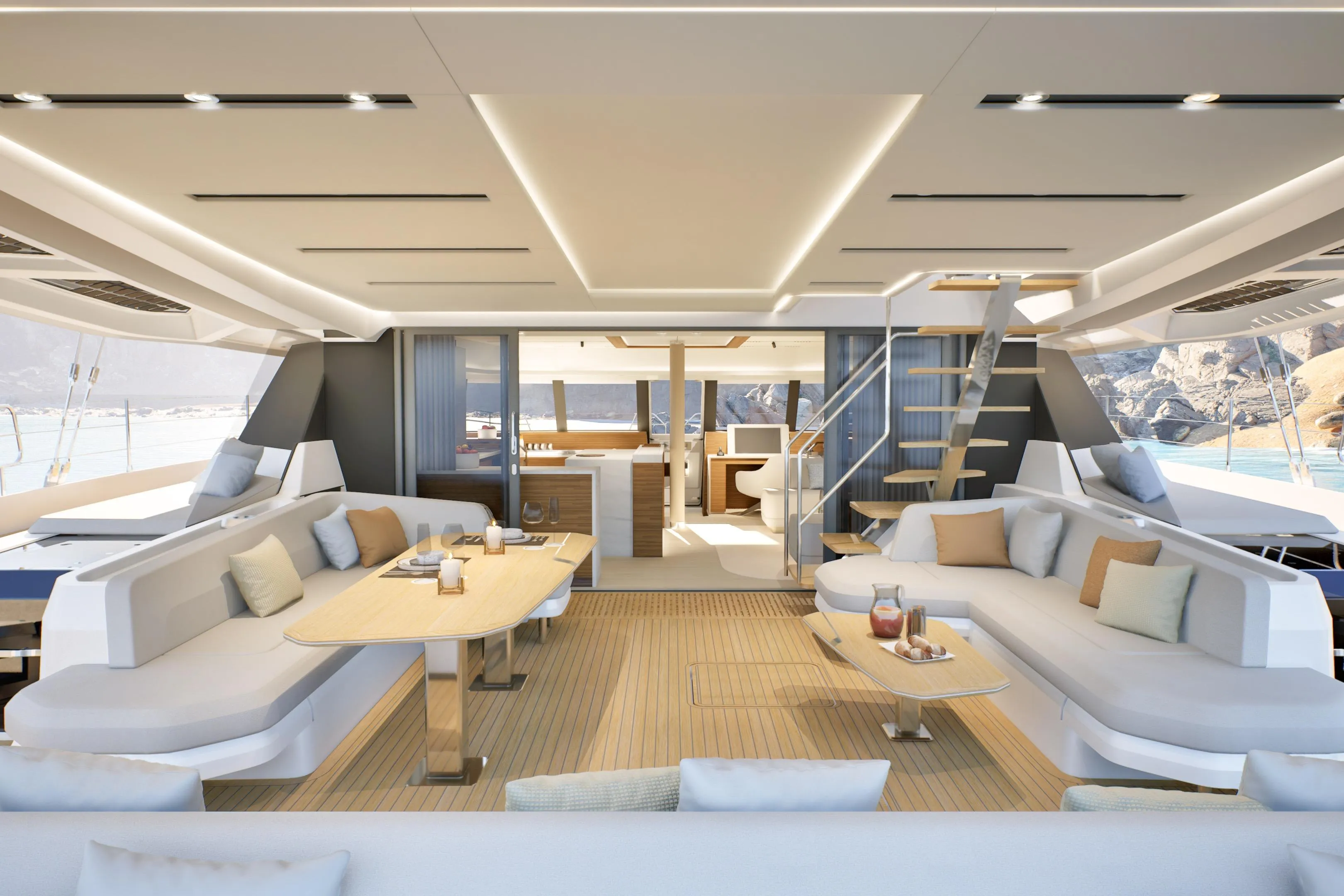Luxurious interior of 2027 Fountaine Pajot FPY 70 yacht with modern seating and elegant decor.