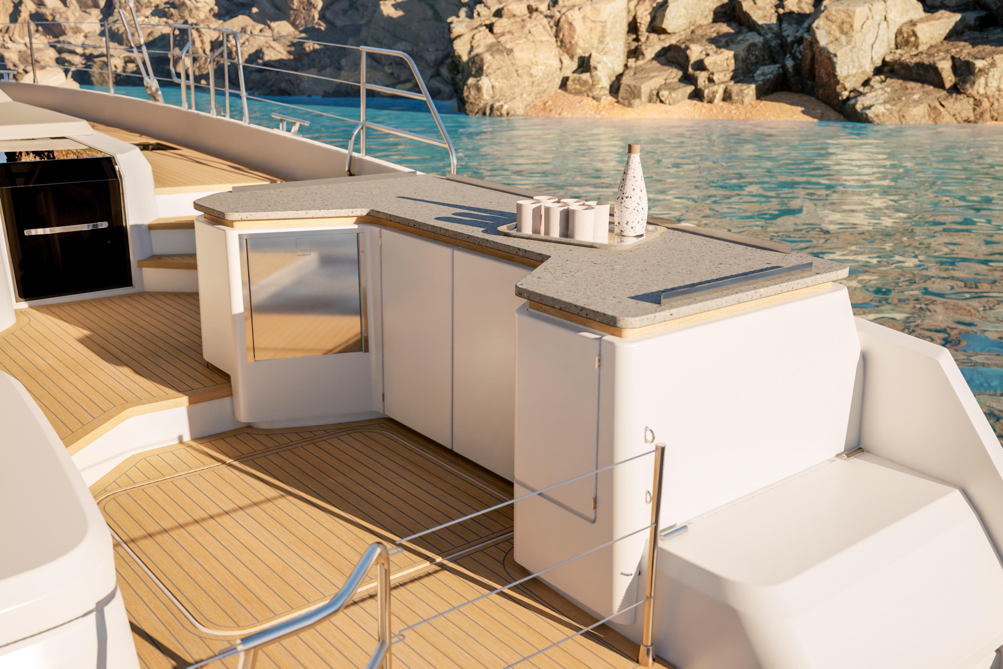 Luxurious 2027 Fountaine Pajot FPY 70 yacht deck with modern outdoor kitchen.