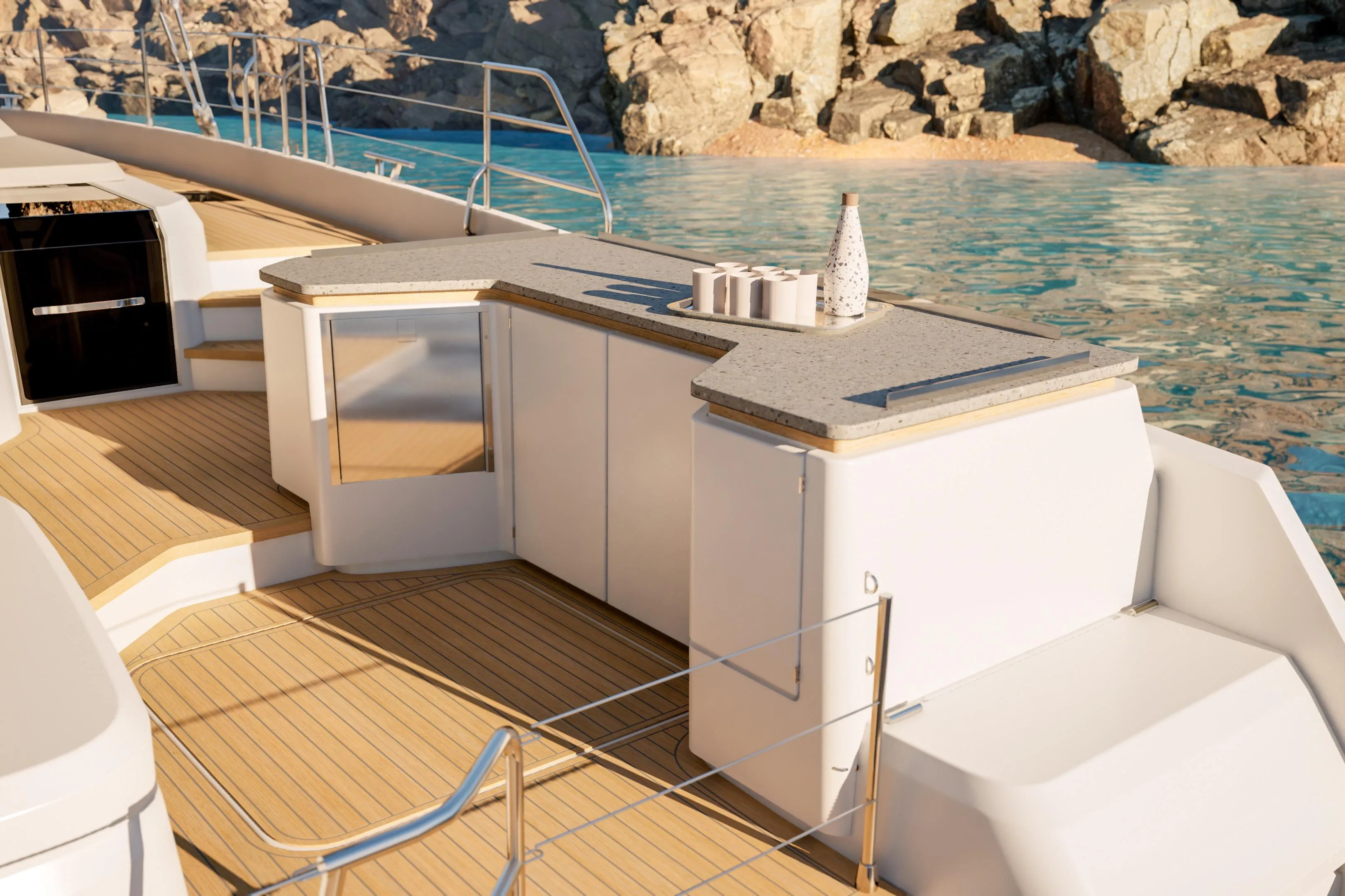 Luxurious 2027 Fountaine Pajot FPY 70 yacht deck with modern outdoor kitchen.