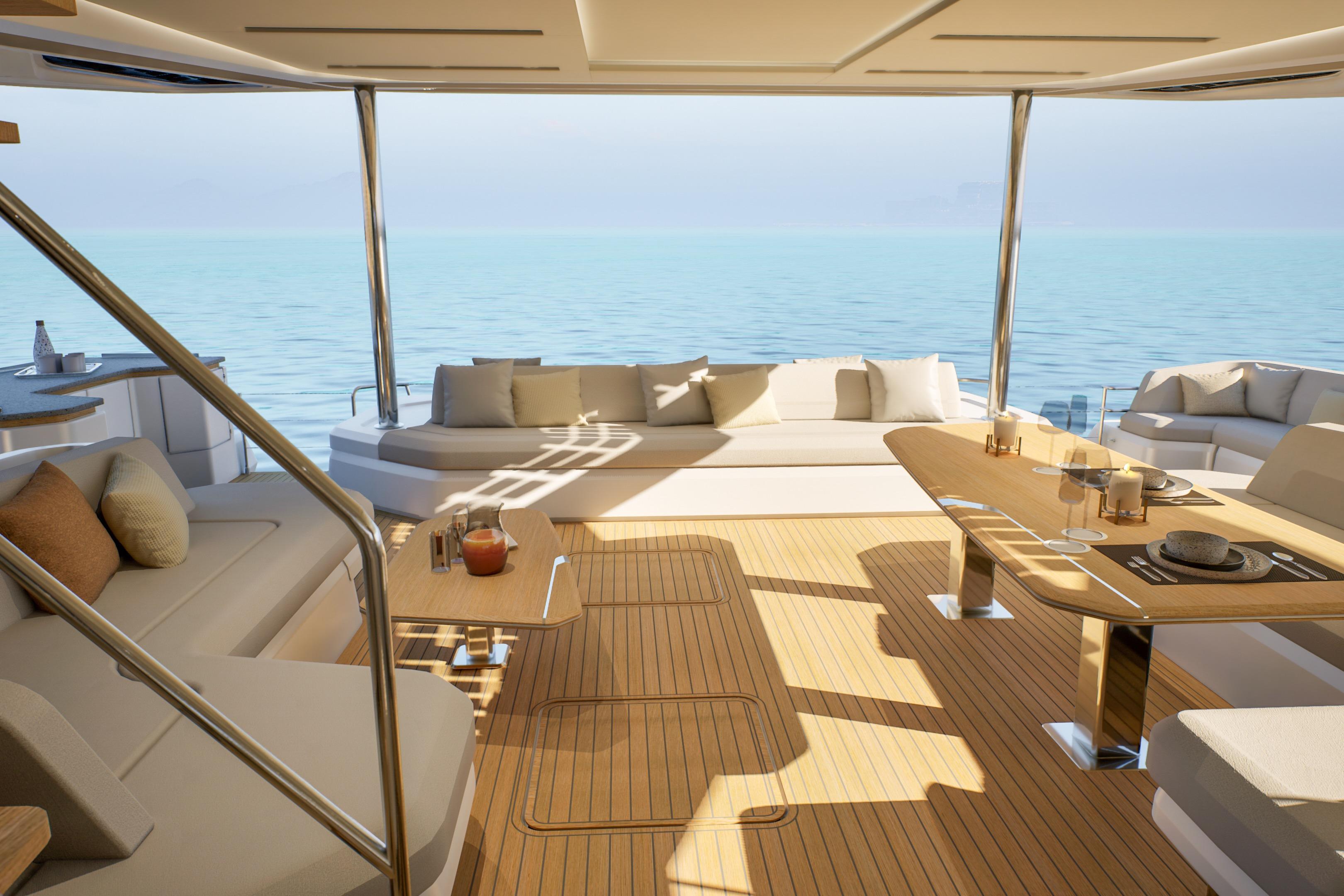Luxurious interior of 2027 Fountaine Pajot FPY 70 yacht with ocean view.