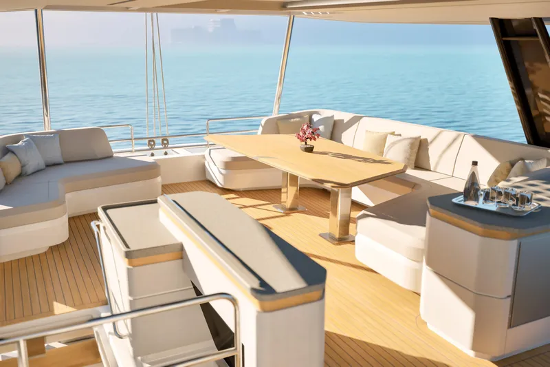 Hull #2 Fpy 70 - Coming End 2026 Yacht Photos Pics Luxurious 2027 Fountaine Pajot FPY 70 yacht interior with elegant seating and ocean view.