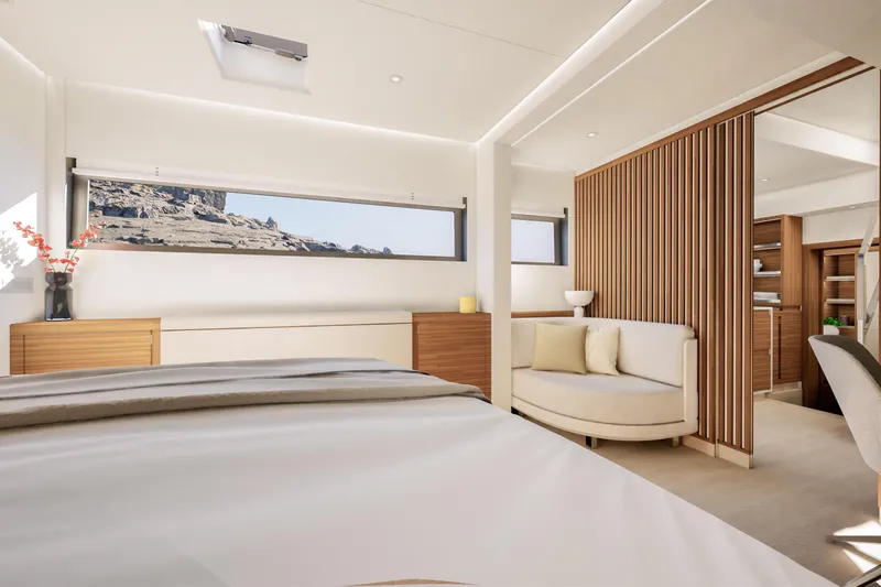 Hull #2 Fpy 70 - Coming End 2026 Yacht Photos Pics Luxurious interior of 2027 Fountaine Pajot FPY 70 yacht with modern furnishings and scenic window view.