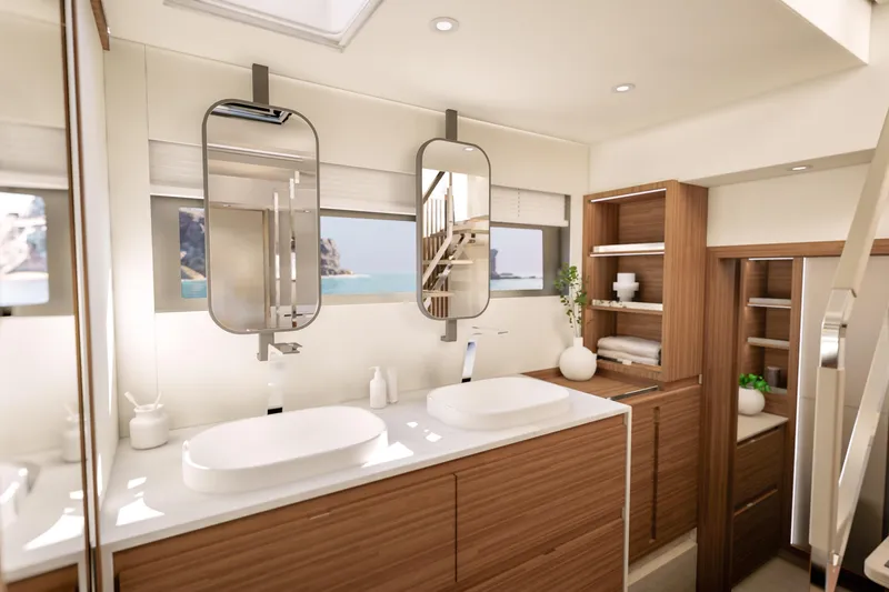Hull #2 Fpy 70 - Coming End 2026 Yacht Photos Pics Luxurious bathroom interior of 2027 Fountaine Pajot FPY 70 yacht with modern fixtures.