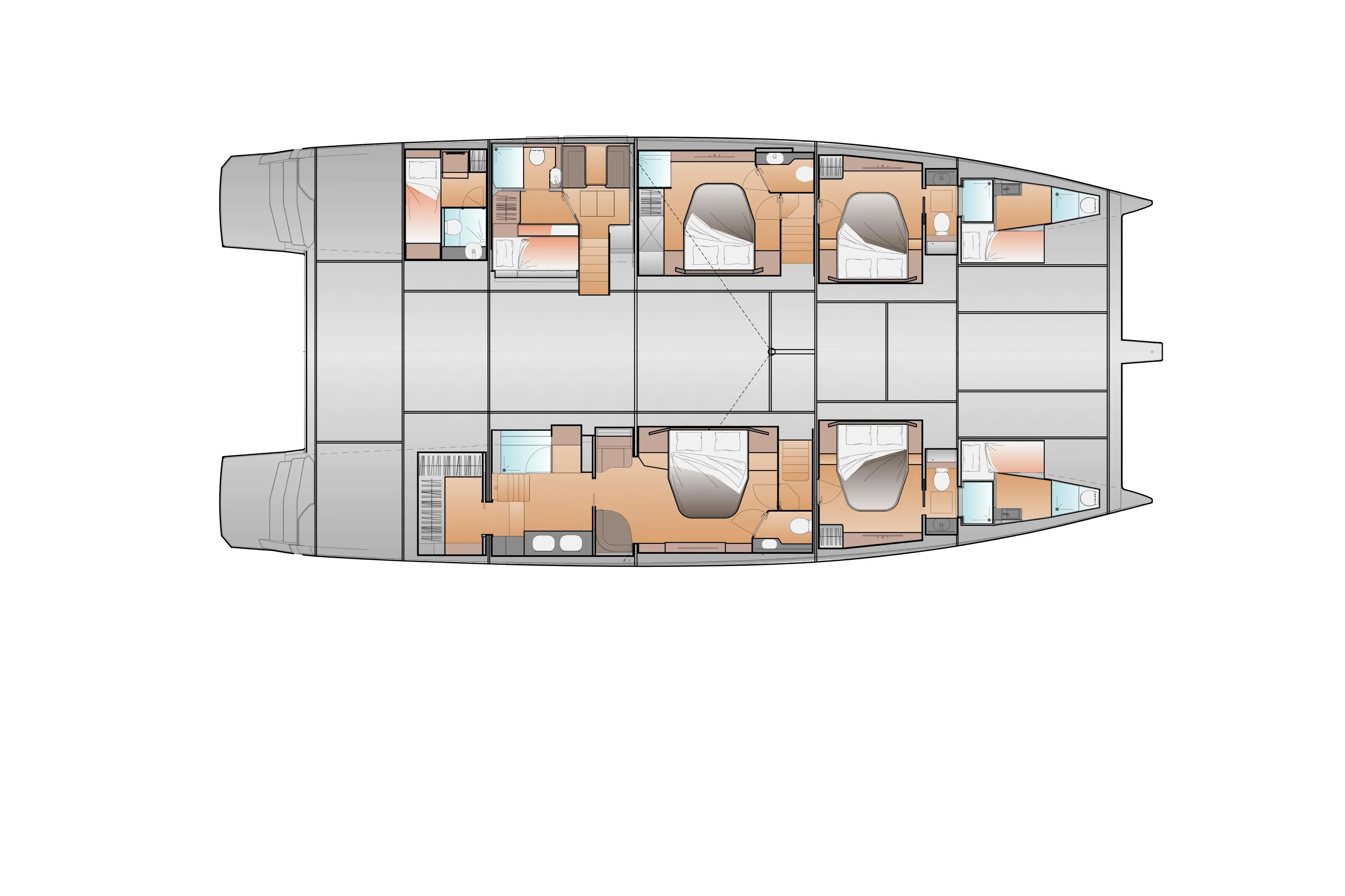 Floor plan of 2027 Fountaine Pajot FPY 70 yacht, featuring spacious cabins and modern amenities.