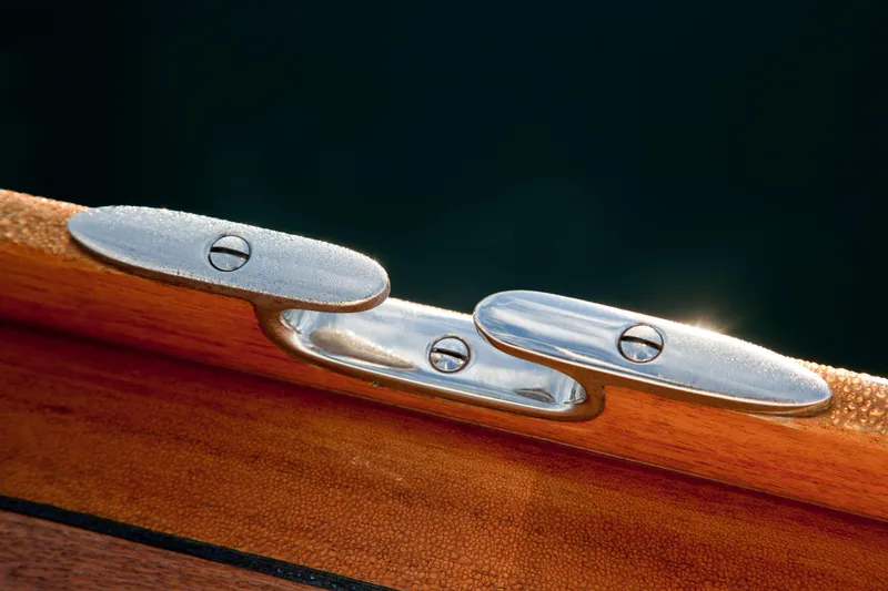 Bamboozle Yacht Photos Pics Close-up of a polished cleat on a 2010 Spirit Yachts Spirit 46.