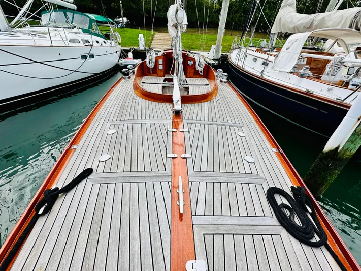 Bamboozle Yacht Photos Pics Deck view of 2010 Spirit Yachts Spirit 46, docked with other sailboats.