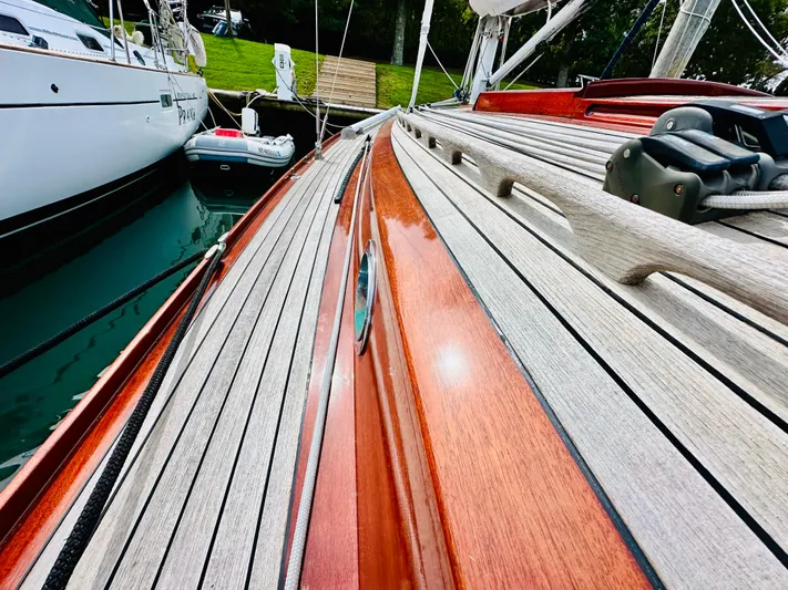 Bamboozle Yacht Photos Pics Deck view of a 2010 Spirit Yachts Spirit 46, showcasing sleek wooden finish.