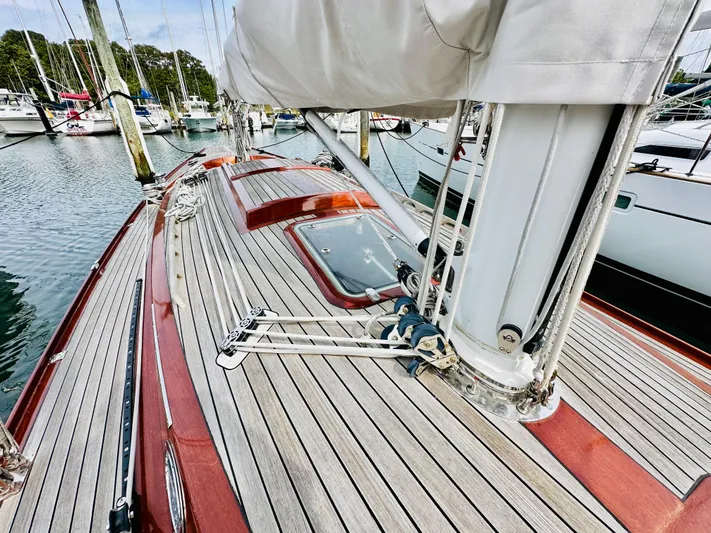 Bamboozle Yacht Photos Pics Deck view of a 2010 Spirit Yachts Spirit 46 sailboat, featuring sleek wooden finish and rigging.