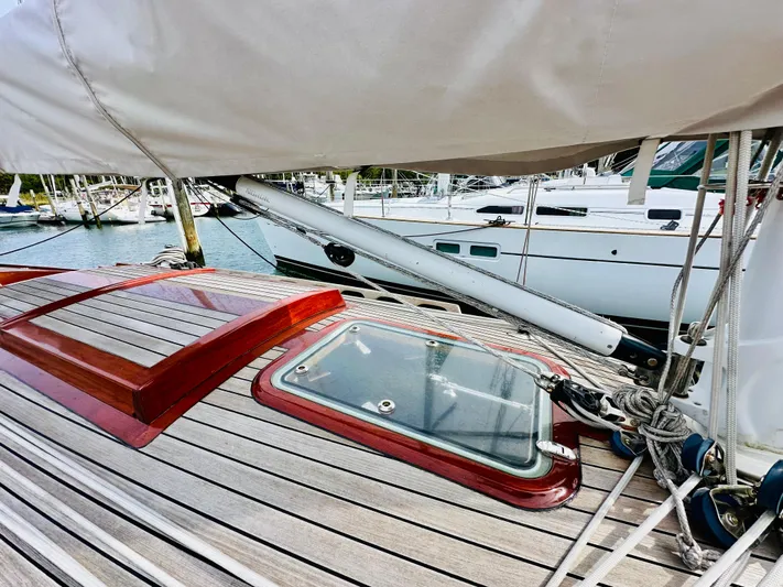 Bamboozle Yacht Photos Pics Deck view of a 2010 Spirit Yachts Spirit 46 sailboat, featuring sleek wood finish and rigging.