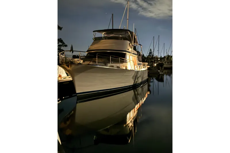 Rose Petal Yacht Photos Pics 1981 Tollycraft 48 Cockpit Motor Yacht docked at night, reflecting on calm water.