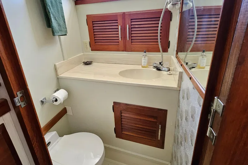 Rose Petal Yacht Photos Pics 1981 Tollycraft 48 Cockpit Motor Yacht bathroom with sink, mirror, and wooden cabinets.