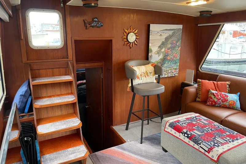 Rose Petal Yacht Photos Pics 1981 Tollycraft 48 Cockpit Motor Yacht interior with cozy seating and nautical decor.