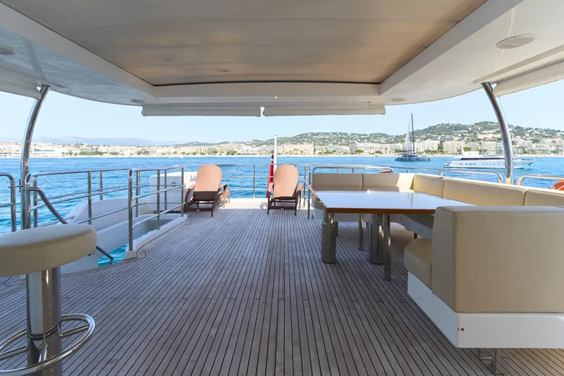 Sea Bear Yacht Photos Pics Luxurious 2013 Benetti 93 Delfino yacht deck with seating, overlooking serene ocean view.