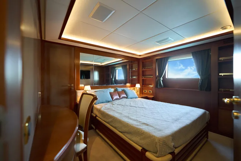 Sea Bear Yacht Photos Pics Luxurious bedroom interior on 2013 Benetti 93 Delfino yacht, featuring elegant wood finishes.