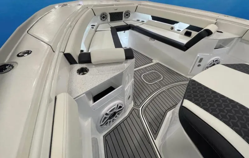  Yacht Photos Pics 2025 Tidewater 380 CC Adventure boat interior with sleek seating and modern design.