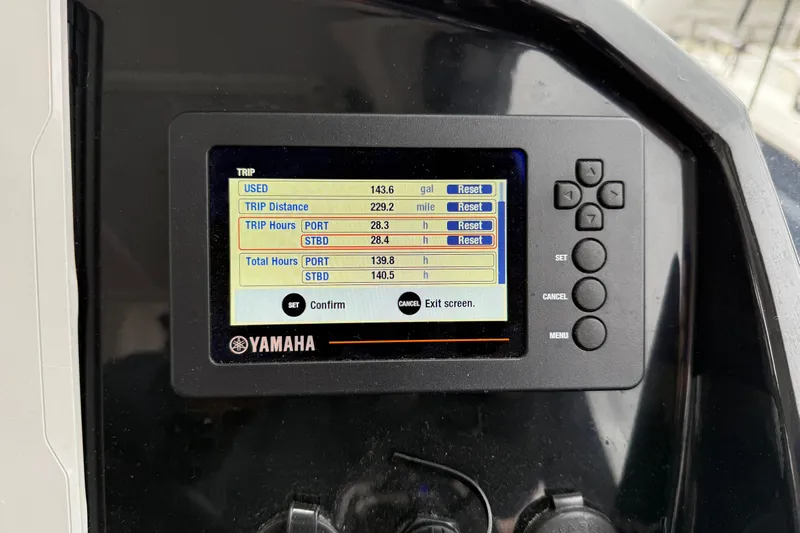  Yacht Photos Pics Yamaha display on 2020 Jeanneau NC 895 showing trip data and fuel usage.