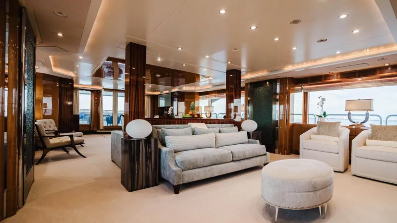 Groover Yacht Photos Pics Luxurious interior of 2009 Benetti 145 yacht with elegant seating and modern decor.