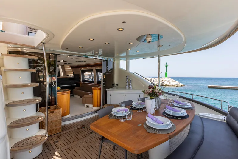 Skywater Yacht Photos Pics Luxurious Sunseeker Manhattan 84 yacht interior with elegant dining area, ocean view, and modern design.