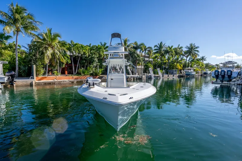  Yacht Photos Pics 2019 SeaVee 340Z boat docked in tropical marina with palm trees.