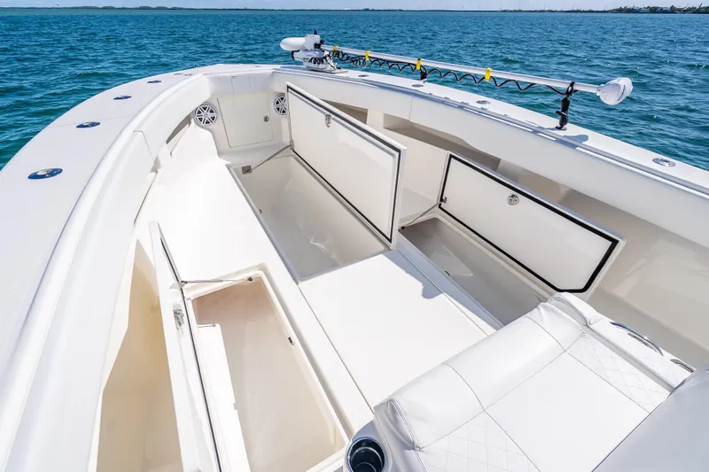  Yacht Photos Pics 2019 SeaVee 340Z boat interior with open storage compartments on a sunny day.