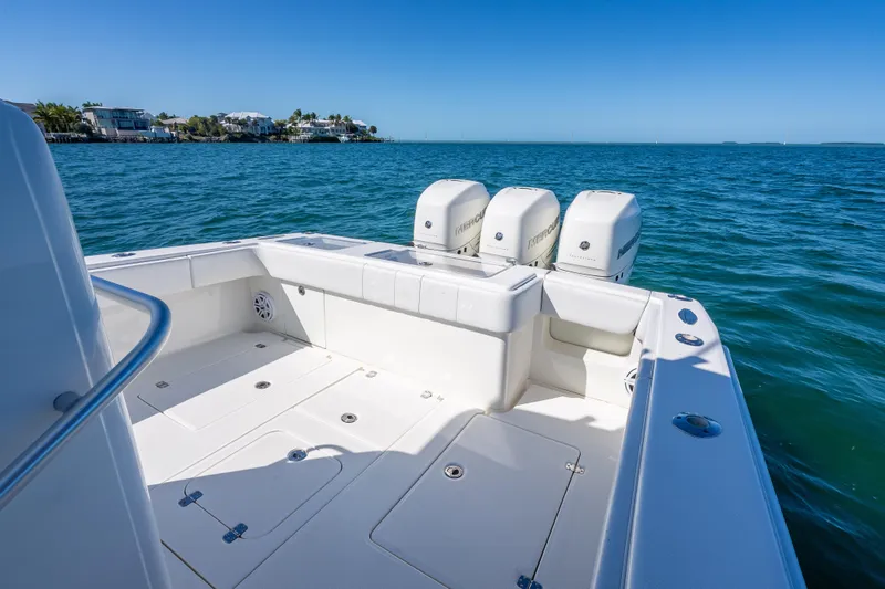  Yacht Photos Pics 2019 SeaVee 340Z boat with triple Mercury engines on open water.