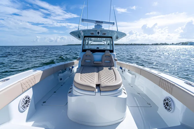  Yacht Photos Pics 2025 Freeman 35 boat with luxurious seating on open water.