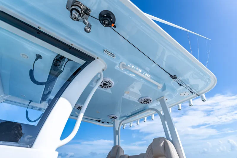  Yacht Photos Pics Freeman 35 boat roof detail against blue sky, 2025 model.