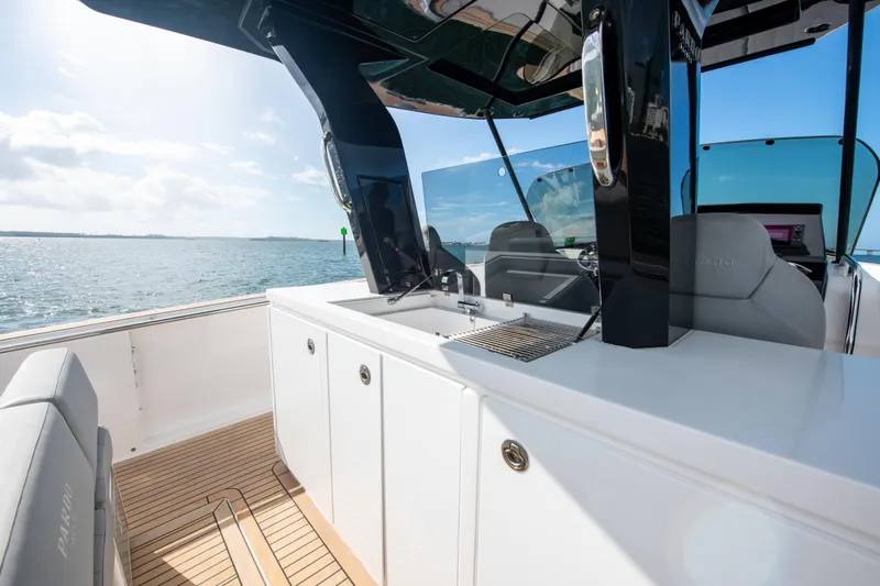  Yacht Photos Pics 2020 Pardo Yachts P38 deck with sleek design and ocean view.