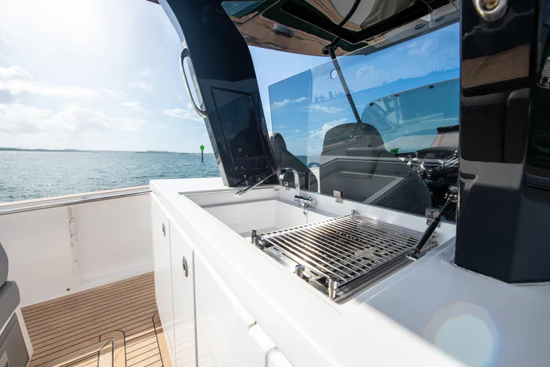  Yacht Photos Pics Pardo Yachts P38 2020 model with outdoor kitchen on deck, ocean view.