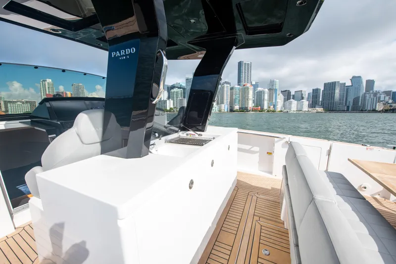  Yacht Photos Pics Luxury Pardo Yachts P38, 2020 model, with city skyline in the background.