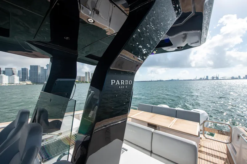  Yacht Photos Pics Luxury Pardo Yachts P38, 2020 model, cruising on a sunny waterfront.