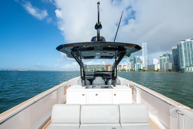  Yacht Photos Pics 2020 Pardo Yachts P38 cruising near city skyline on a sunny day.