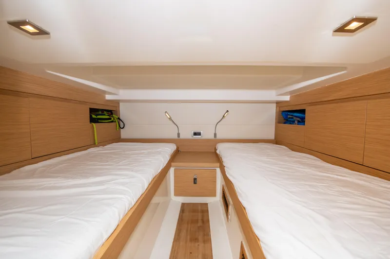  Yacht Photos Pics Interior cabin of 2020 Pardo Yachts P38 with twin beds and modern wood finish.