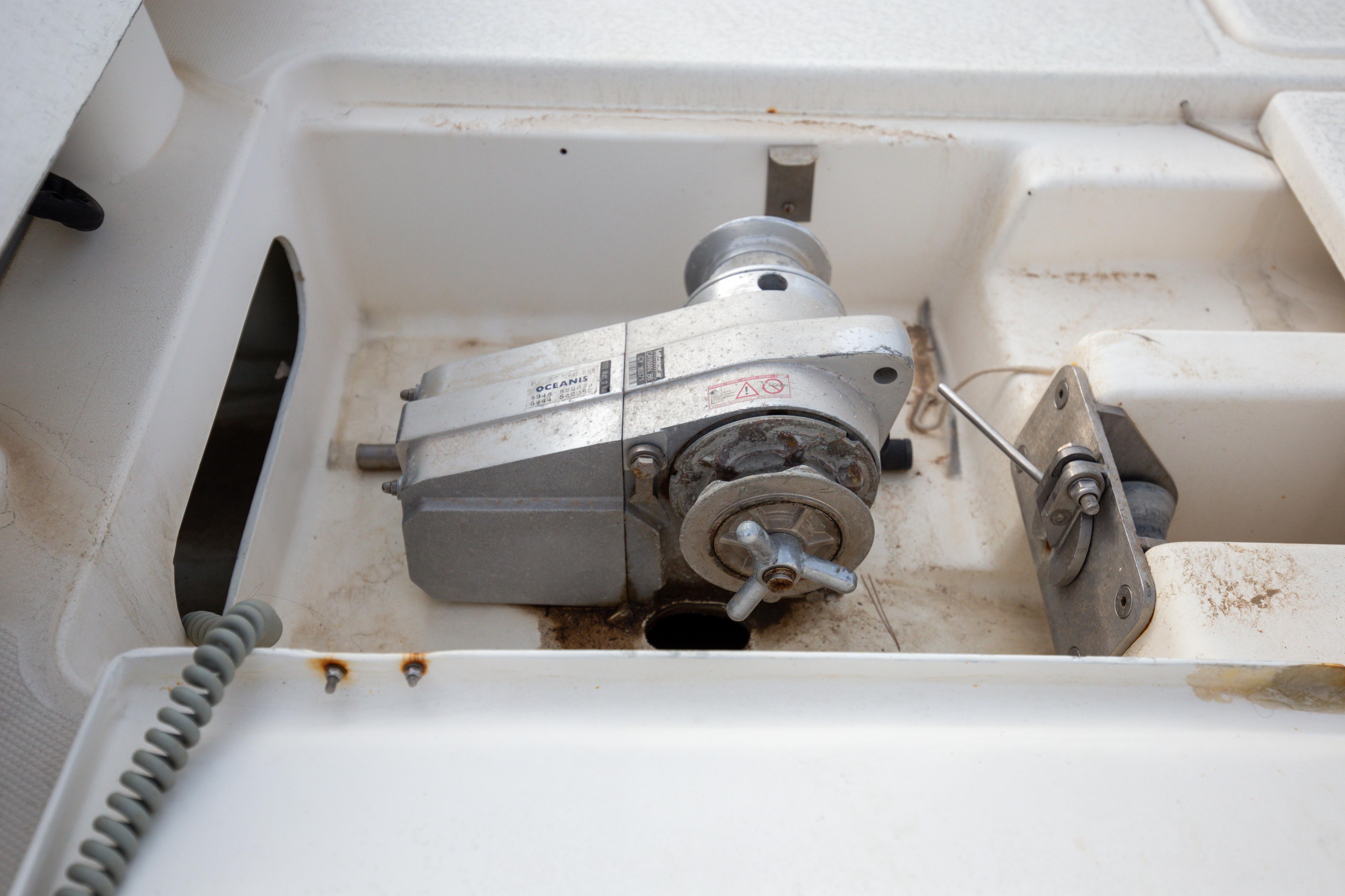 Anchor winch on 2006 Leopard 40 catamaran deck, showing mechanical details.