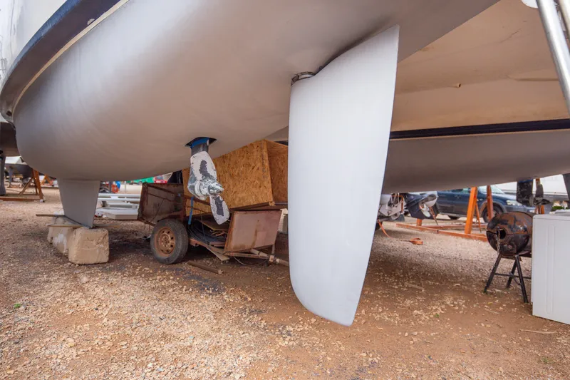  Yacht Photos Pics Underneath view of a 2006 Leopard 40 catamaran on dry dock.