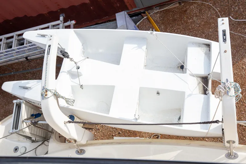  Yacht Photos Pics Top view of a 2006 Leopard 40 catamaran on dry dock, showcasing deck details.