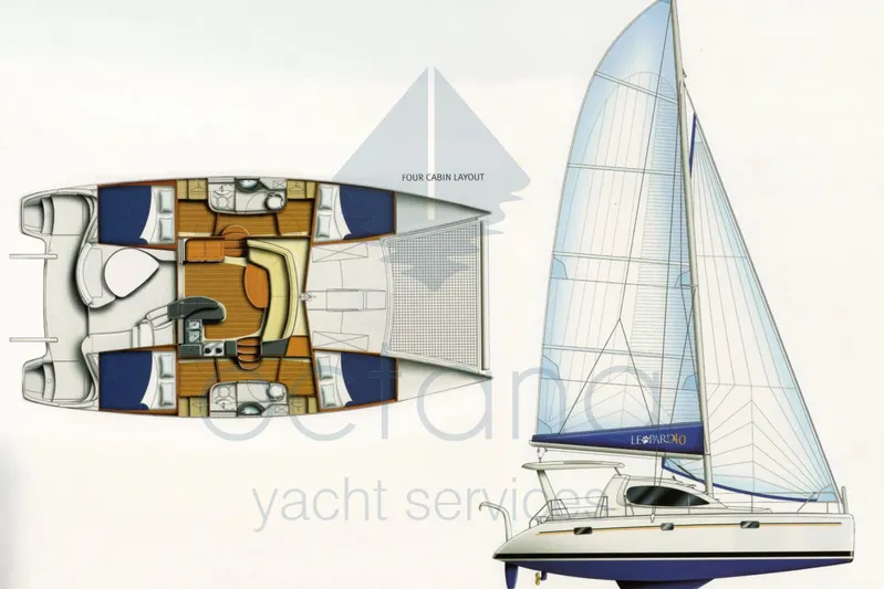  Yacht Photos Pics Diagram of a 2006 Leopard 40 catamaran with four-cabin layout and sail plan.
