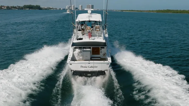 Denise Catherine Yacht Photos Pics 1991 Jersey 42 Convertible Sportfisherman cruising on open water, rear view.
