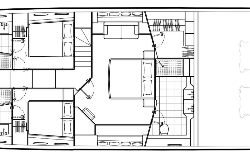 Swordfish 68 Yacht Photos Pics Floor plan of a 2009 Sunseeker 90 Yacht, featuring bedrooms and bathrooms.