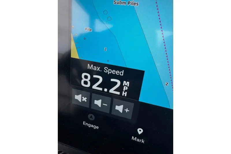  Yacht Photos Pics Display screen showing max speed of 82.2 MPH on Nor-Tech 390 Sport Center Console, 2025 model.