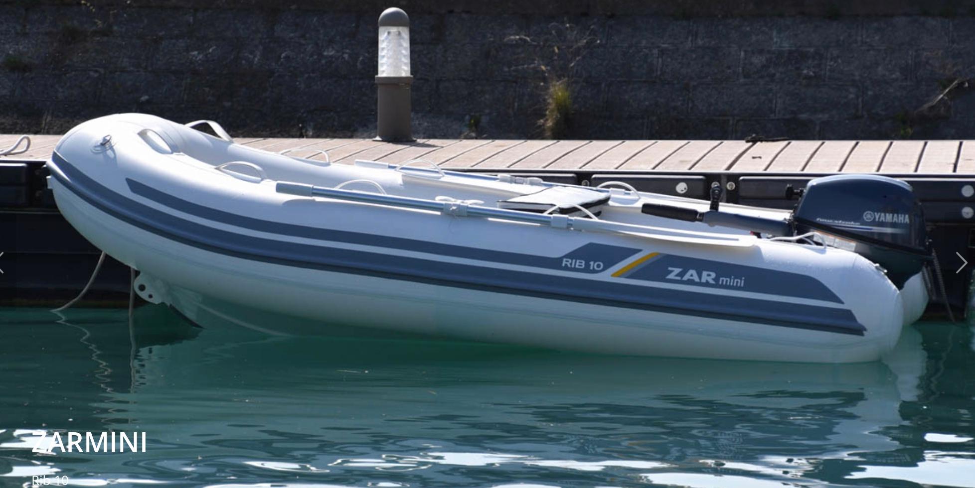 2022 ZAR Mini Rib HDL10 inflatable boat docked on water.