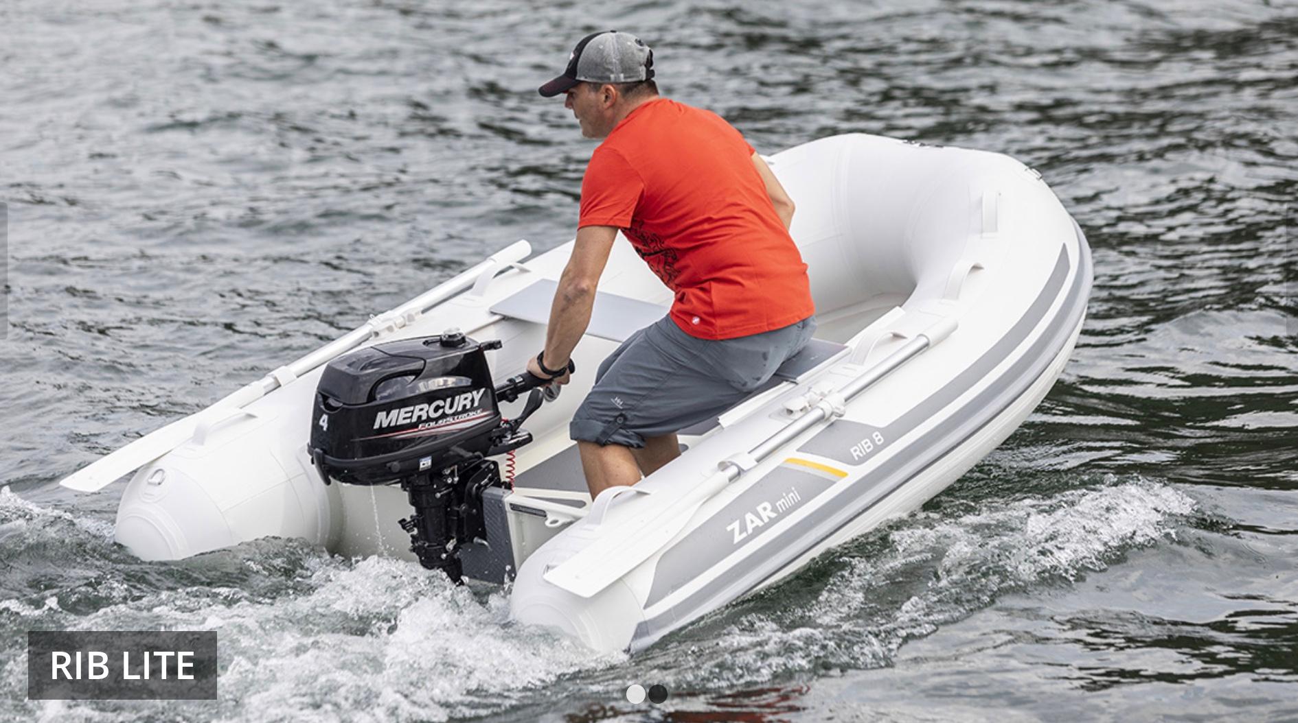 2022 ZAR Mini Rib HDL10 inflatable boat with Mercury outboard motor on water.