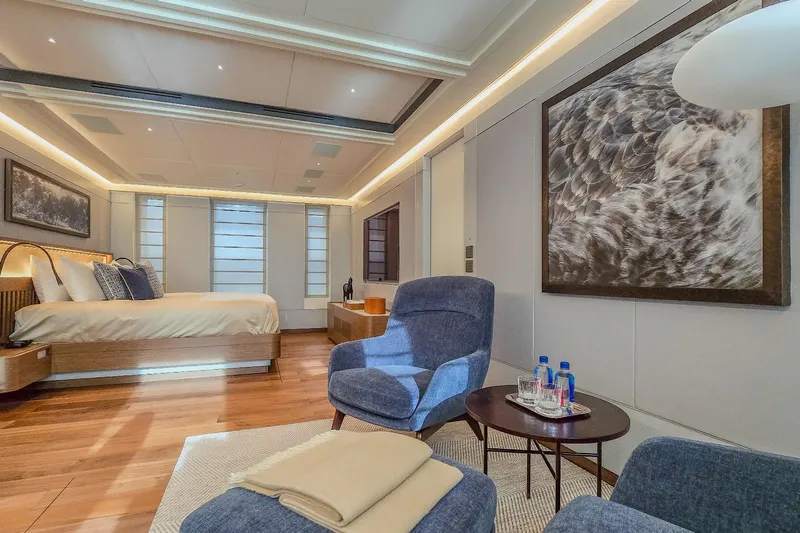  Yacht Photos Pics Luxurious MMGI 44m yacht interior, 2009 model, featuring elegant bedroom and seating area.