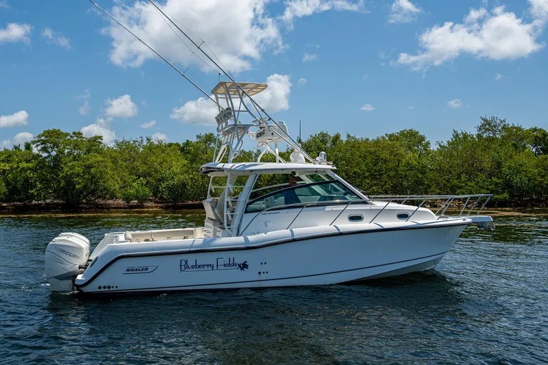  Yacht Photos Pics 2015 Boston Whaler 345 Conquest boat on water, clear sky, lush greenery in background.