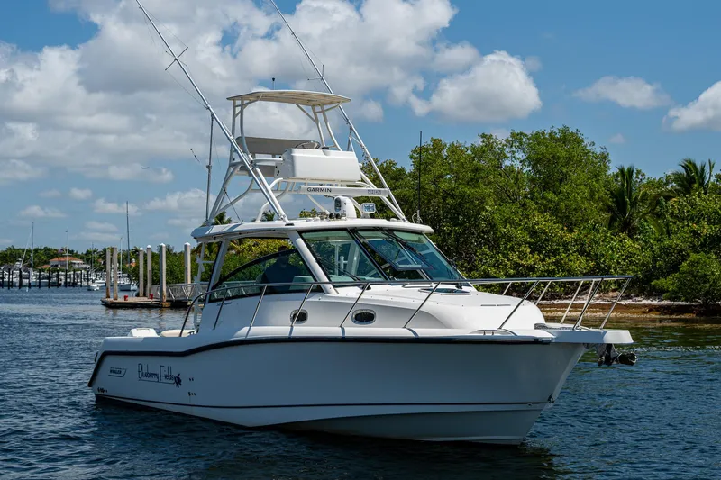  Yacht Photos Pics 2015 Boston Whaler 345 Conquest boat on water, clear sky, lush greenery background.