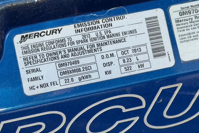 Jah Love Yacht Photos Pics Emission control label on a 2015 Donzi 38 ZR boat engine.