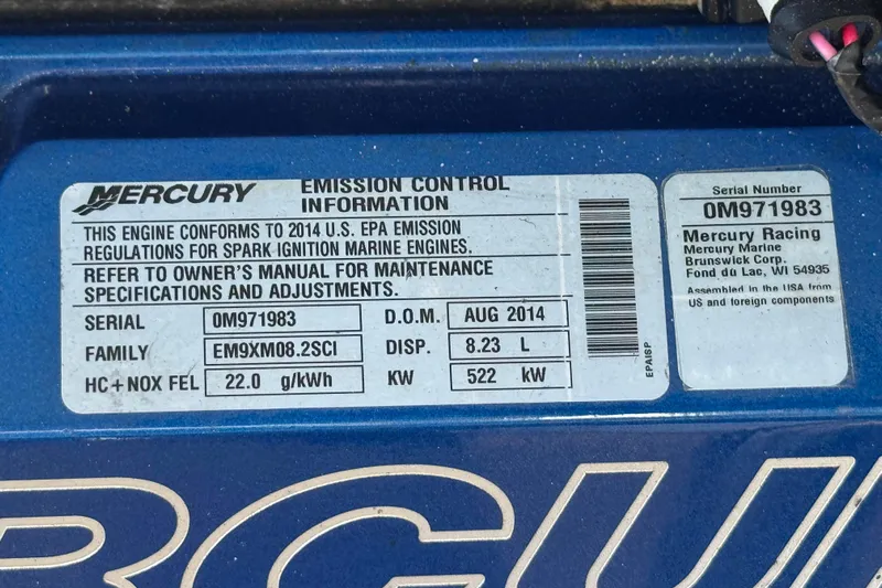 Jah Love Yacht Photos Pics 2015 Donzi 38 ZR Mercury engine emission control label, serial 0M971983, 8.23L, 522 kW.