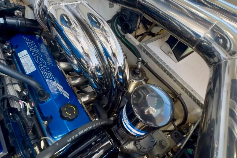 Jah Love Yacht Photos Pics Engine compartment of a 2015 Donzi 38 ZR with Mercury Racing components.