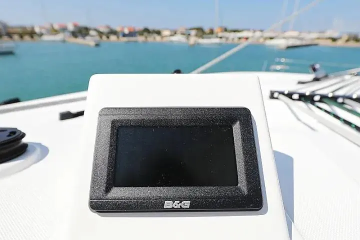 Masterdream Yacht Photos Pics B&G navigation display on 2018 Lagoon 620 Esense yacht, with marina in background.